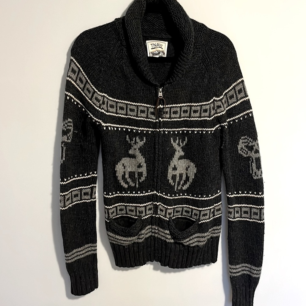 TNA: Cozy Black and Gray Zip Shawl Collar Sweater with Reindeer Motif. Sz L.